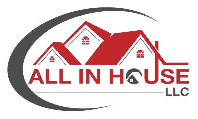Logo with red rooftops and the text "ALL IN HOUSE LLC" enclosed in a grey crescent shape.