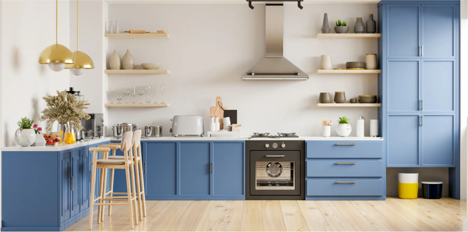 Modern kitchen with blue cabinets, open shelving, wooden floors, and pendant lights above a bar with stools.