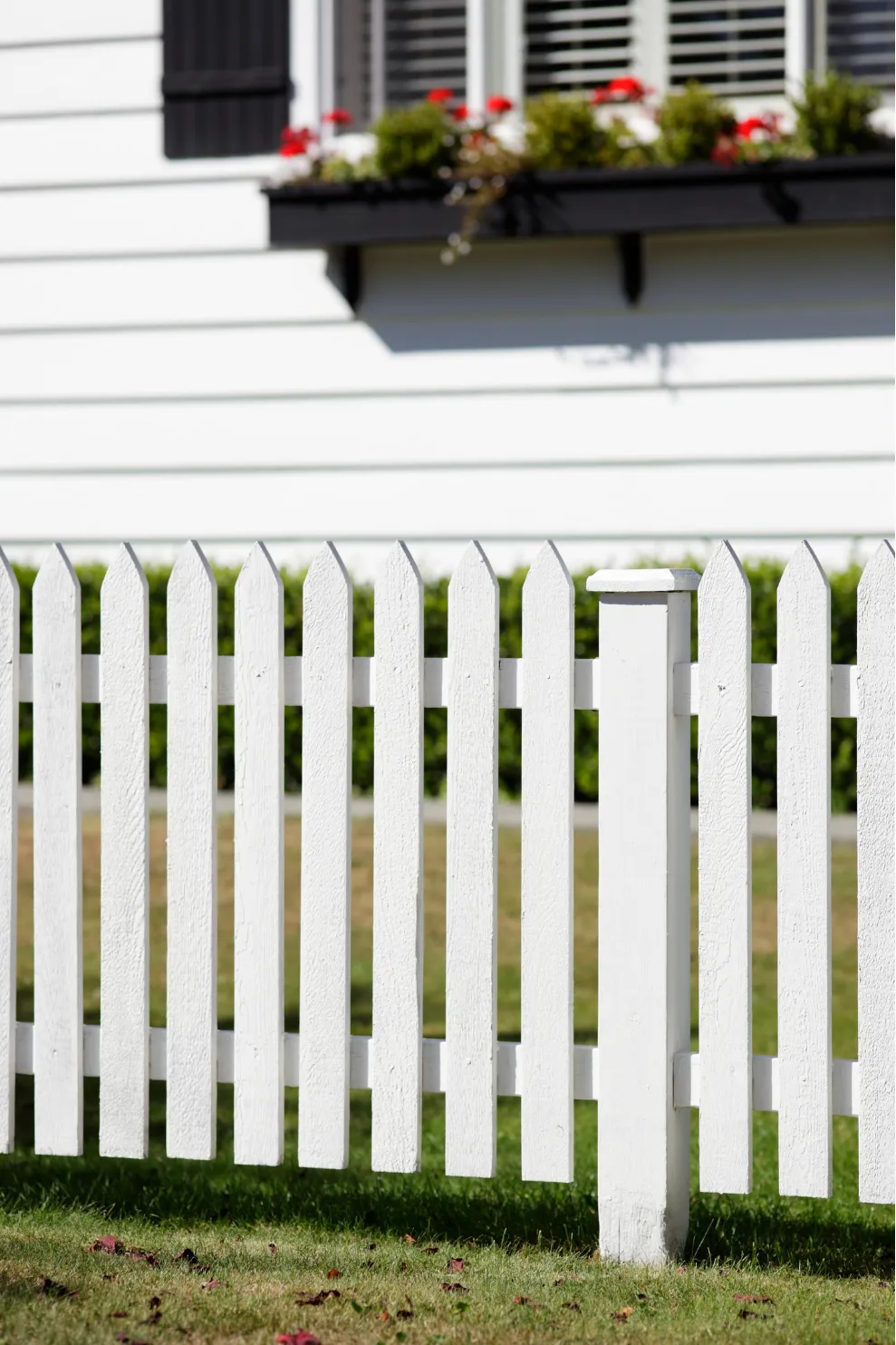 fence-repair-4 White picket fence in front of a white house with a flower box under the window.