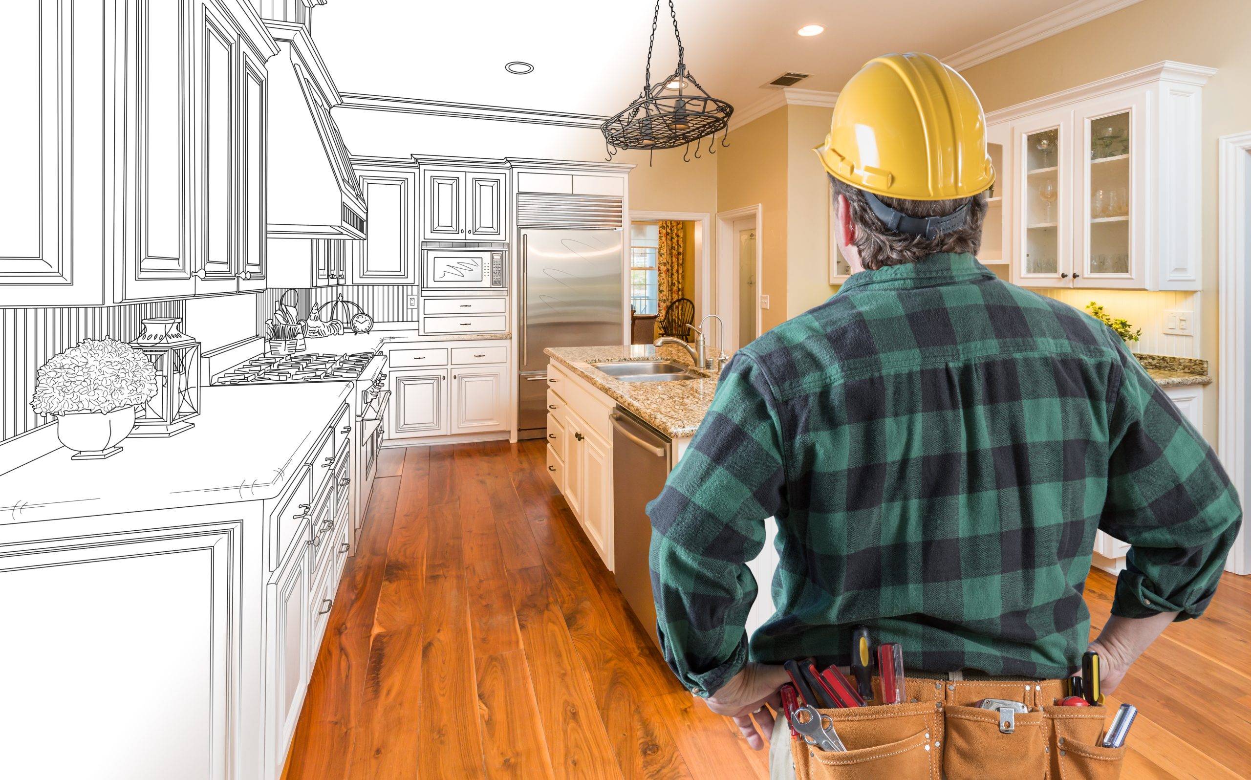 Male Contractor with Hard Hat and Tool Belt Looking At Custom Kitchen Drawing Photo Combination On White. Why Hiring a Licensed General Contractor Makes Home Renovations Stress-Free A builder in a helmet looks at a kitchen partway through a renovation, with one side sketched and the other completed.