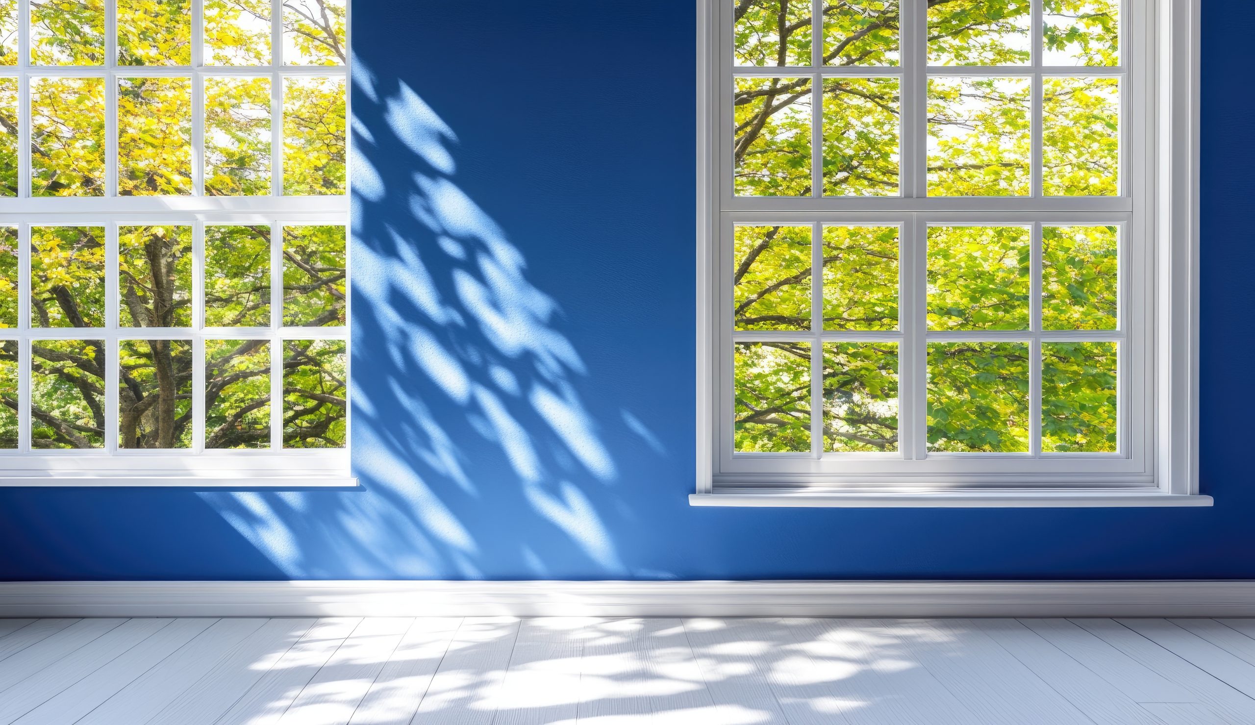 Sunlight and leafy shadows fall through large windows onto a blue wall and white floor in a bright room.