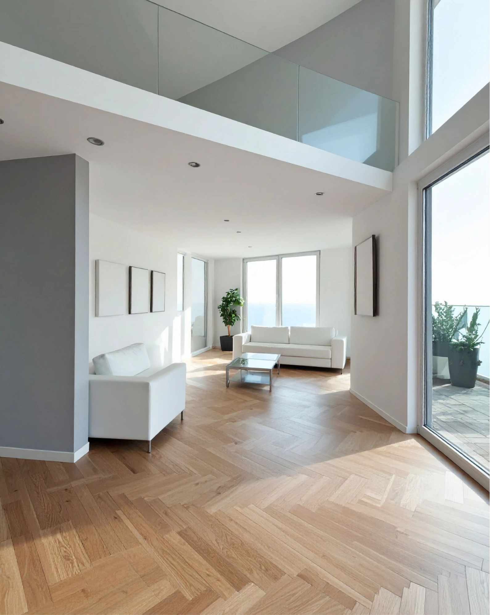 flooring-4 Modern, bright living room with white sofas, wooden floors, large windows, and a glass balcony above.