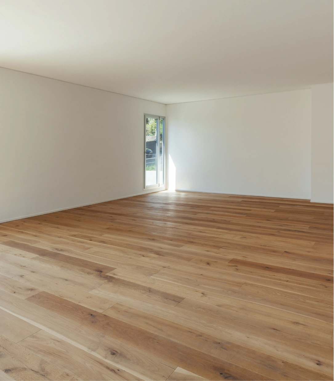 Empty room with white walls, light wood flooring, and a glass door letting in natural light from outside.